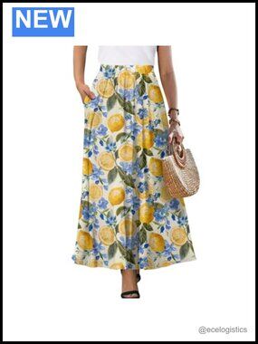 A-Line Maxi Skirt High Waist Pleated Pull On Flowy Long Skirt Beach Casual